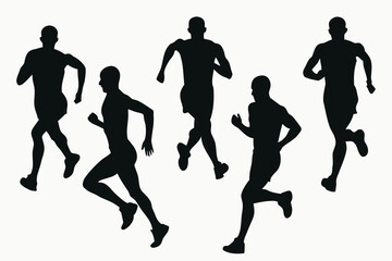 Silhouettes of five male runners in motion against a white background
