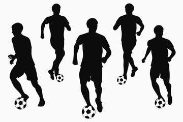 Silhouettes of five soccer players dribbling a ball on a white background