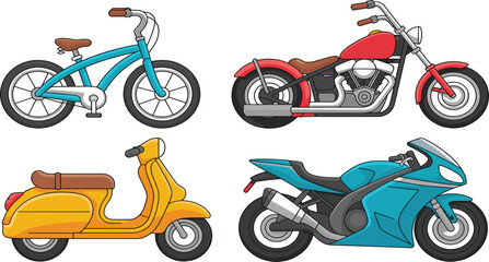 Colorful vector transport set, bicycle, scooter, chopper, sport motorcycle, personal travel vehicles collection