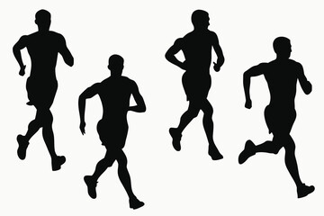 Silhouettes of four male runners in motion against a white background