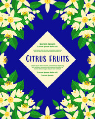Botanical citrus poster with blooming orange flowers, green leaves, and elegant copy space. Decorative floral frame ideal for invitations, greeting cards, banners, labels, covers, and branding designs