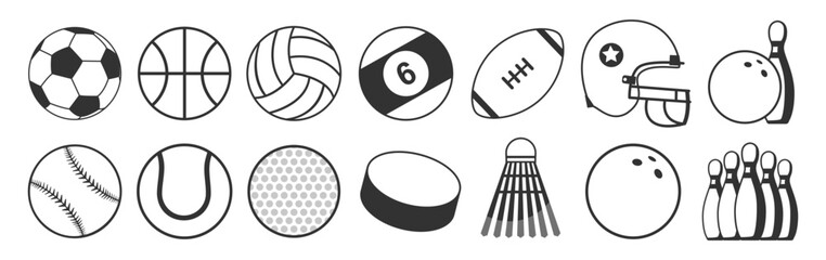Sports balls minimal flat icon set, monochrome vector collection of soccer, football, tennis, golf, bowling, basketball, hockey, volleyball, rugby and baseball on transparent background