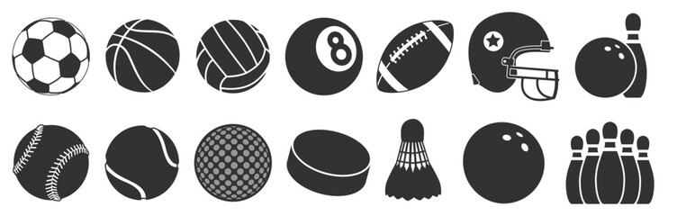 Sports balls minimal flat icon set, monochrome vector collection of soccer, football, tennis, golf, bowling, basketball, hockey, volleyball, rugby and baseball on transparent background © Alex