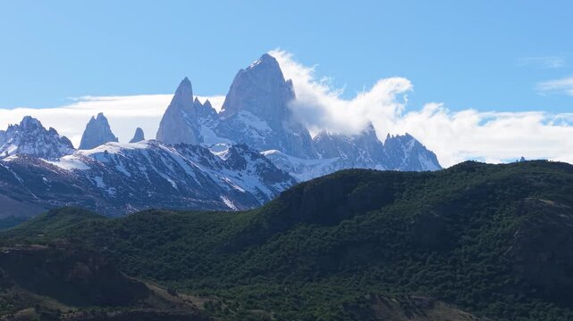 El Chalten, Argentina aerial by drone showing Mount Fitz Roy mountain peak, Patagonia