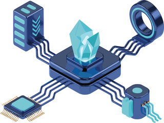 Futuristic isometric technology illustration featuring crystal energy core, microchips, data circuits, and digital network connections for sci-fi and tech designs