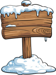 Cartoon wooden sign post covered with snow, winter season, blank board, message advertising, cold holiday landscape