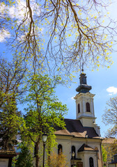 Church with a tall steeple and a large tree in front of it