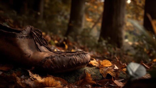 A close-up of a well-worn leather shoe rests amid fallen leaves in a forest setting