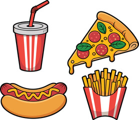Colorful fast food vector set, pizza slice, hot dog, soda, french fries, tasty unhealthy meal collection