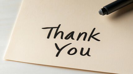 A handwritten 'Thank You' card on a light paper with a pen resting nearby, conveying appreciation. The sentiment is expressed through elegant script. A symbol of gratitude and kindness.