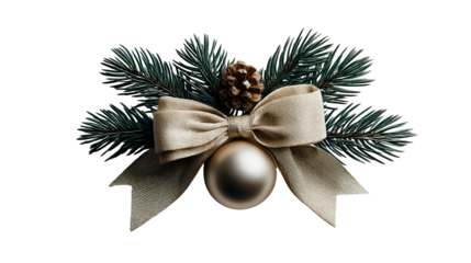 Elegant champagne gold Christmas ornament tied with a burlap bow nestled among dark green fir branches against a stark for holiday design