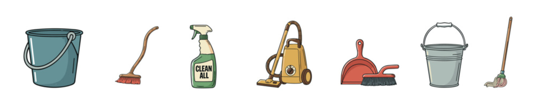 Set of hand-drawn cleaning supplies including buckets, a broom, spray bottle, vacuum cleaner, dustpan, and mop in a colorful cartoon illustration style for housekeeping concepts