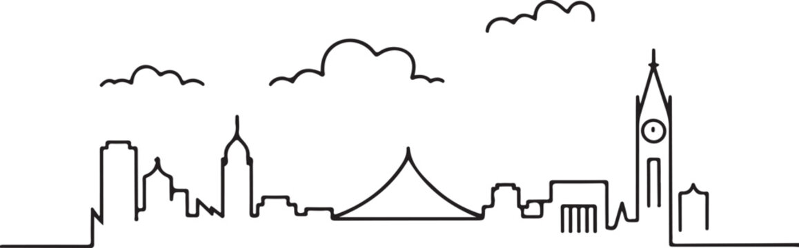 Continuous Line Art of Kampala Skyline with Clock Tower Minimal Outline Illustration
