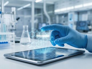 Scientist Using Tablet with Augmented Reality for Chemical Research in Laboratory.
