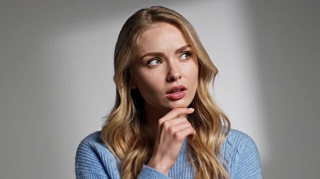 Woman Ponders, In a Sequence, With Expression and Deep Thought, Soft Lighting