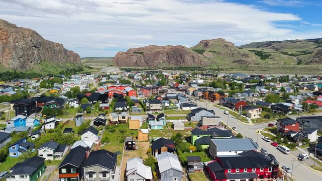 El Chalten, Argentina aerial by drone showing Mount Fitz Roy mountain peak, Patagonia