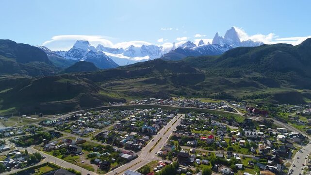 El Chalten, Argentina aerial by drone showing Mount Fitz Roy mountain peak, Patagonia