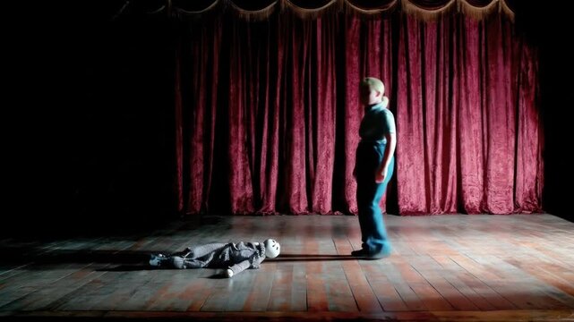 A young figure walks away from a puppet lying on stage, beneath red stage curtains