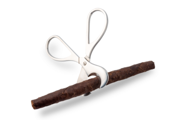 Stainless steel cigar scissors cutting a single Tuscan cigar isolated