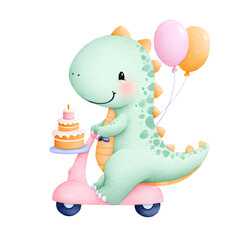 Obraz premium Cute green dinosaur riding a scooter with a birthday cake and balloons, fun whimsical illustration on a transparent background.