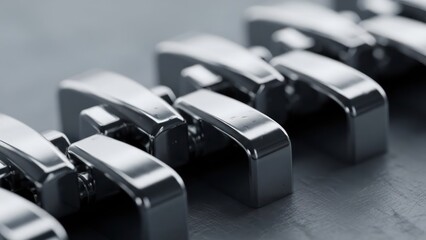 Close up of metallic objects arranged in a row with reflective surfaces