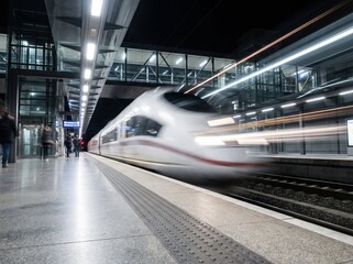 High-speed train with motion blur arriving at a modern station platform at night.