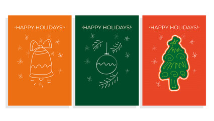 Happy Holidays cart vector background set with doodle Christmas tree,ball,bell