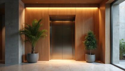 Modern elevator lobby with wooden walls panels, potted plants in grey pots. Warm lighting, metal elevator doors, marble floor. Contemporary interior design for office luxury building entrance.