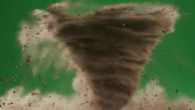 dynamic dust devil and powerful sand tornado swirling violently with flying debris on green screen, perfect for vfx, natural disaster simulations, extreme weather effects, and film production