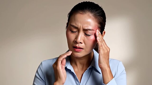 Woman Suffering From a Headache, Showing Facial Expressions and Physical Discomfort