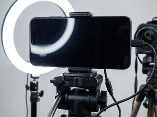 Vlogging and live streaming setup with a smartphone on a tripod and ring light.