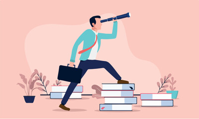 Businessman looking for information - Man with binocular searching and focusing on career and business. Flat design vector illustration