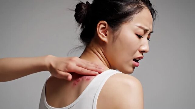 Woman Suffering From a Skin Rash Displays Discomfort and Painful Reaction with Visuals
