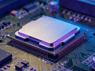 High-tech computer processor glowing with futuristic purple and blue neon light on a circuit board.