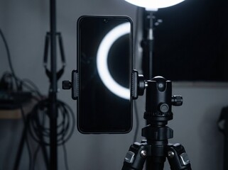 Professional vlogging and streaming setup with mobile phone on a tripod in a studio.