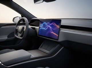 Futuristic Electric Vehicle Cockpit with a Large Digital Infotainment Screen on the Dashboard.
