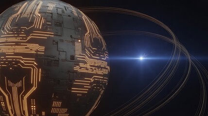 Futuristic digital sphere with glowing circuit patterns orbits a bright star in deep space with swirling energy rings