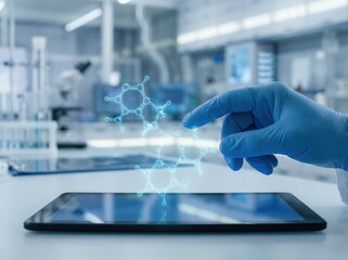 Futuristic Science: Scientist Analyzing Holographic Molecular Structure with Augmented Reality Technology.