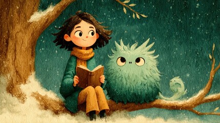 Kids Reading Under a Tree &ndash; Whimsical Children&rsquo;s Illustration with Cute Creature