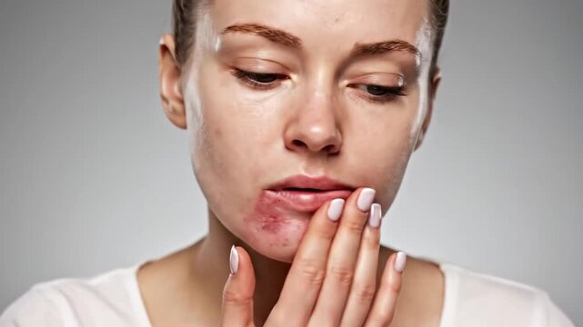 Woman Suffering From Herpes Simplex Virus Presentation On The Lips and Mouth
