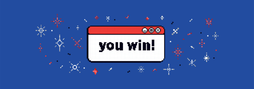 Blue pixel game background with text "you win" and 8bit sparkle, sticker. Game banner in 90s art vibe.