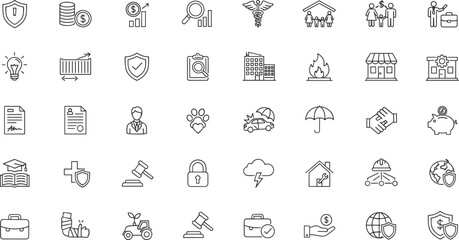 Finance, Insurance, Business, and Safety Line Icons – Minimalist Black-and-White Set for Web, UI, Presentation, and Infographics