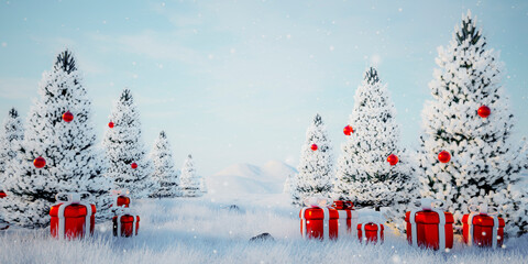 3D Decorated christmas trees with red garlands into a forest on a snowy sunrise close to xmas gifts in red boxes