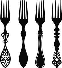 Antique decorative fork vector set, vintage cutlery utensil, elegant silverware, dinner table tableware collection