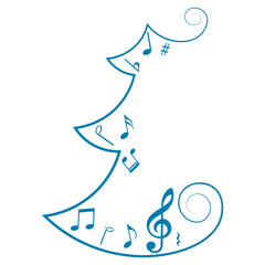 Christmas tree with music notes, festive winter musical silhouette, vector illustration.