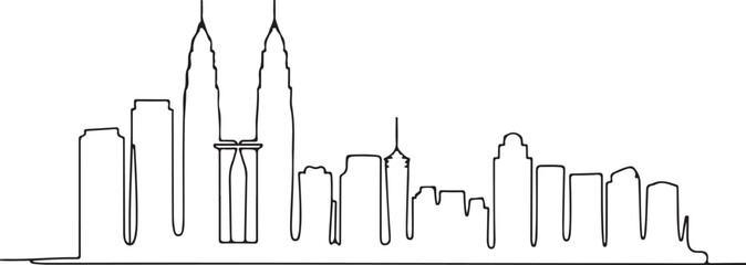 Naklejka premium Continuous Line Art of Kuala Lumpur Skyline from KLCC Park Silhouette Minimal Outline Illustration