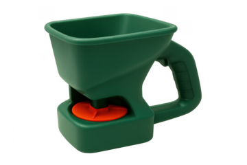 Green handheld seed spreader tool for gardening and lawn care