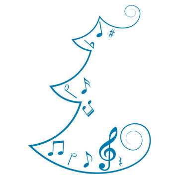 Christmas tree with music notes, festive winter musical silhouette, vector illustration.