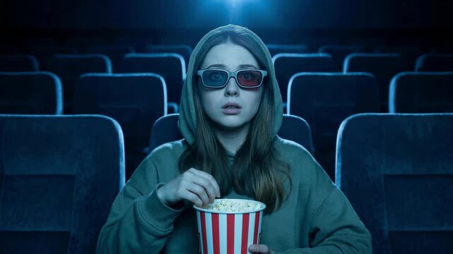 Young, scared woman wearing a hoodie and 3d glasses eating popcorn while watching a suspenseful movie alone in a dark, empty cinema hall, showing a terrified and shocked facial expression