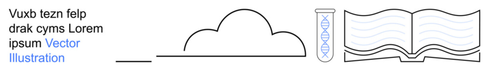 Science, technology, education, research, data storage, innovation. Minimalist elements include a cloud, a test tube and an open book. Science and technology are key